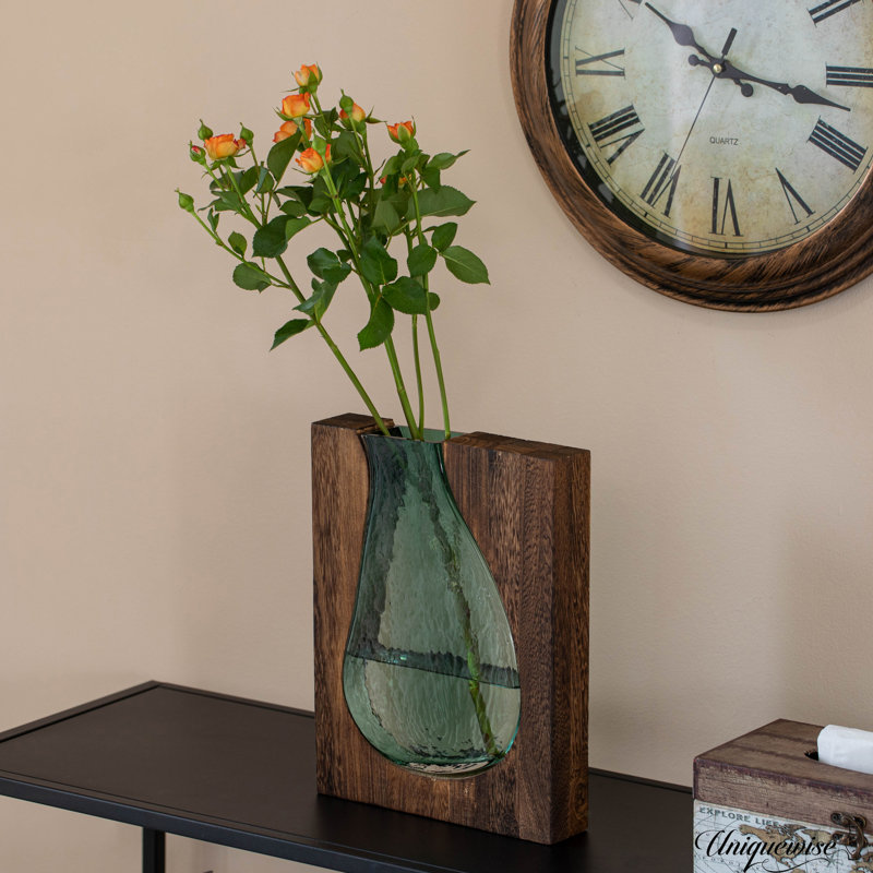 10-Inch Wood And Glass Inlay Vase - Merging The Natural Warmth And Texture Of Wood With The Elegance And Color Of Glass, Perfect For Enhancing Home Decor, Office Desk, Kitchen Table Or Living Room