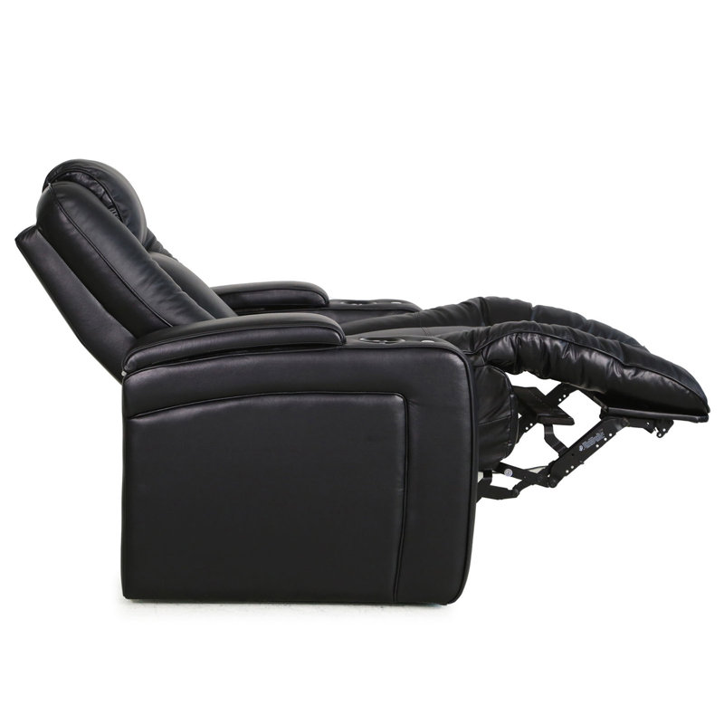 Upholstered Home Theater Seating with Cup Holder, Black Leather Match