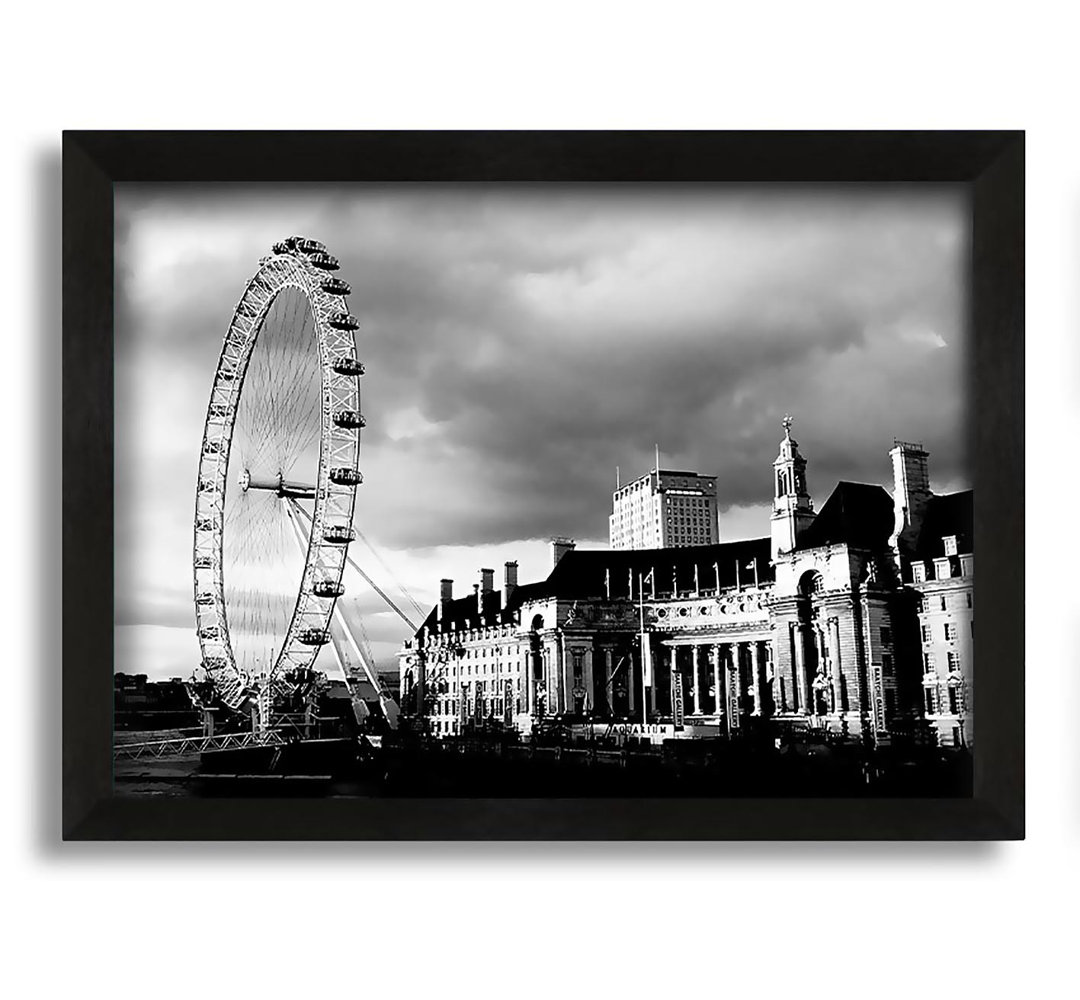 Gerahmtes Leinwandbild London Eye Clouds in Schwarz/Weiß