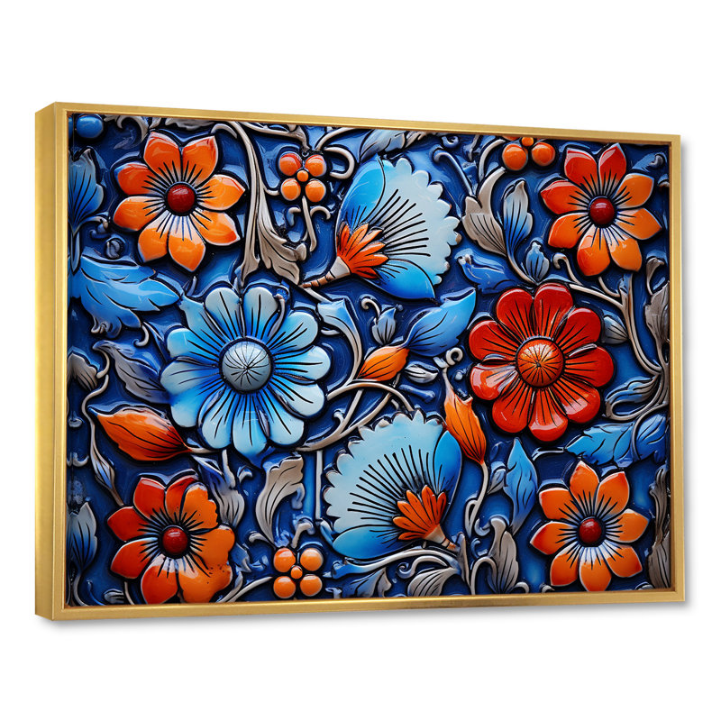 Motif floral mosaïque bleue et orange 2 - Boho mosaïque murale, Cadre flottant doré, H 30 po x l 40 po x P 1,5 po