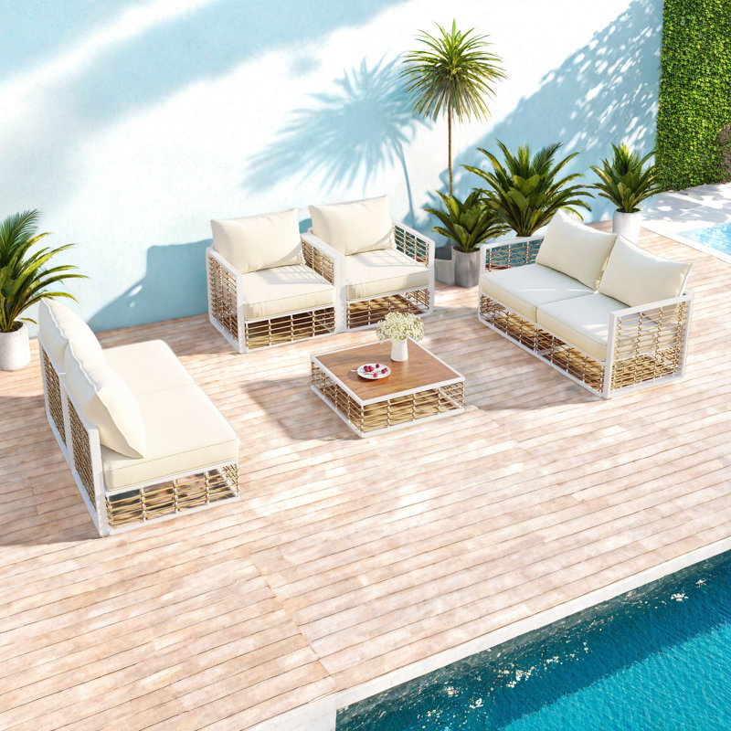 Ensemble de canapé modulaire de patio en métal 7 pièces Modern Modern, Blanc/naturel