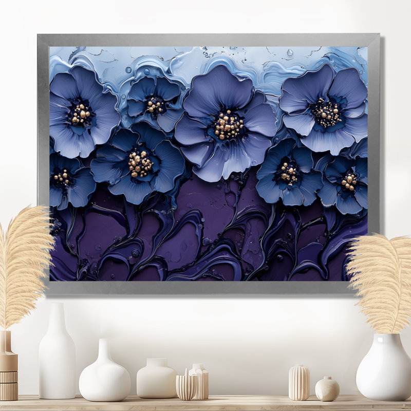 «Aqua Blue Poppies Dreamscape At Night II», art mural coquelicots, H 30 po x l 40 po, Cadre simple argenté
