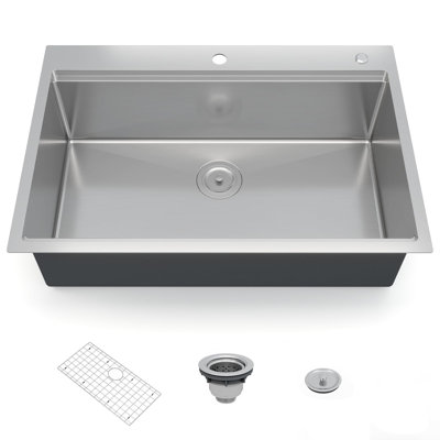 Undermount Kitchen Sink, Stainless Steel Single Bowl with Reveal Rim, 2.0cm Thick Rim 1.0mm Wall, Brushed Bottom Rack and Drain Assembly