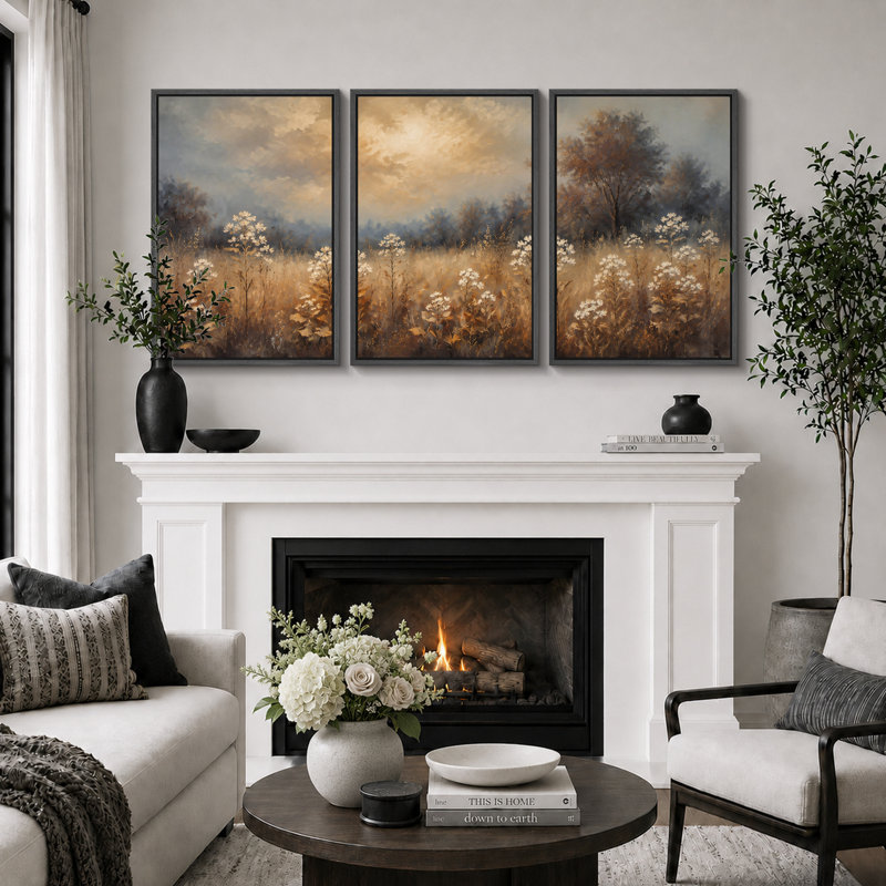 Paysage de prairie fleurie mélancolique, tableau pour chambre, impression giclée sur toile encadrée en 3 pièces - 61 x 91 cm (24 x 36 pouces)
