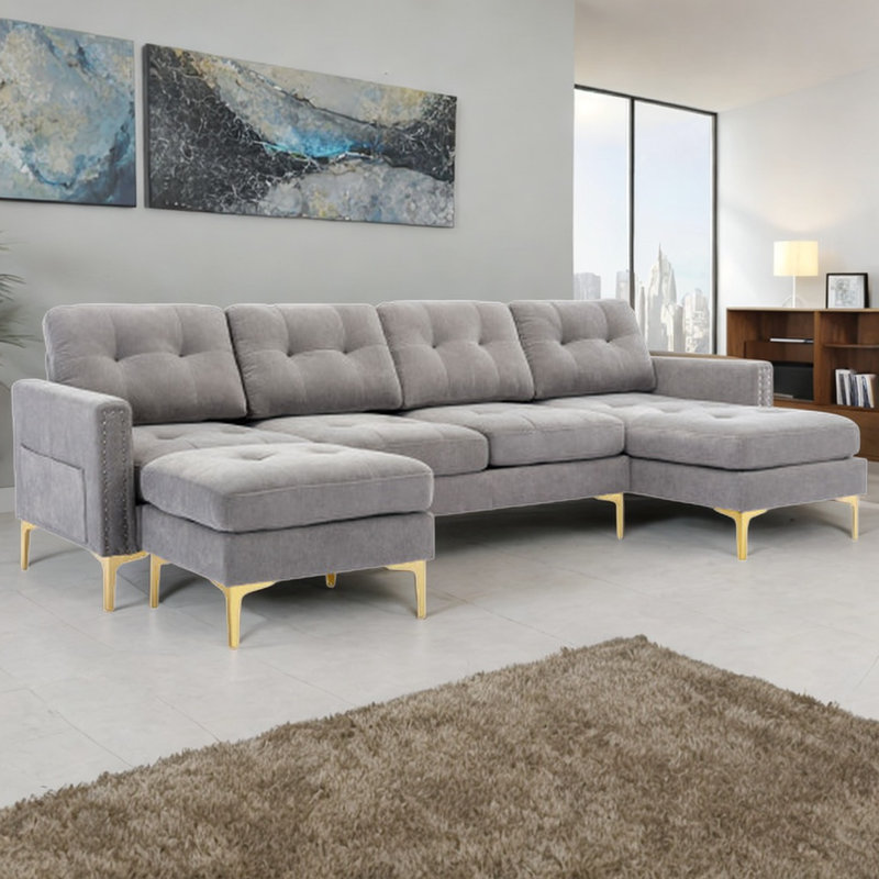 Bethanne 3 - Piece Upholstered Convertible Sectional Sofa Couch with Ottoman, Gray Velvet