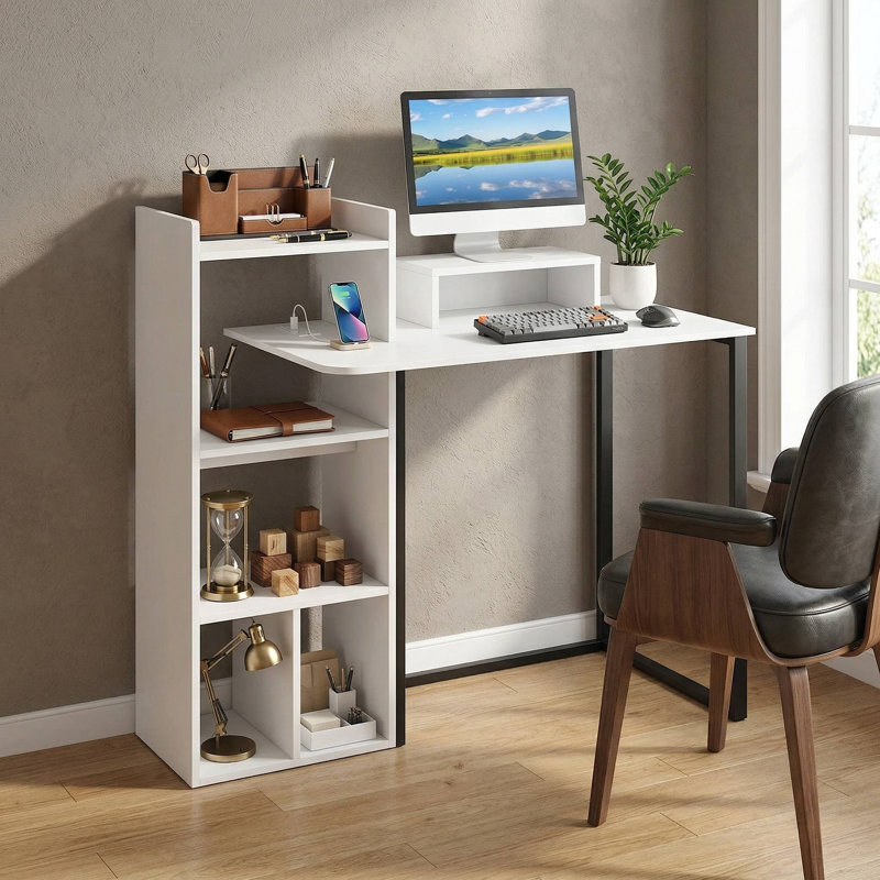 43.5" Sturdy Space-Saving Modern Home Office Computer Writing Workstation Desk With Integrated Power Outlet & USB Charging Station, Built-In Ergonomic Monitor Stand Riser, Multi-Purpose Work Desk For Gaming Study Dorm Small Apartment Co-Working Spaces