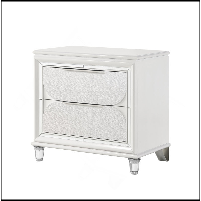 Table de chevet glamour à finition blanc perle avec tiroirs de rangement en acrylique