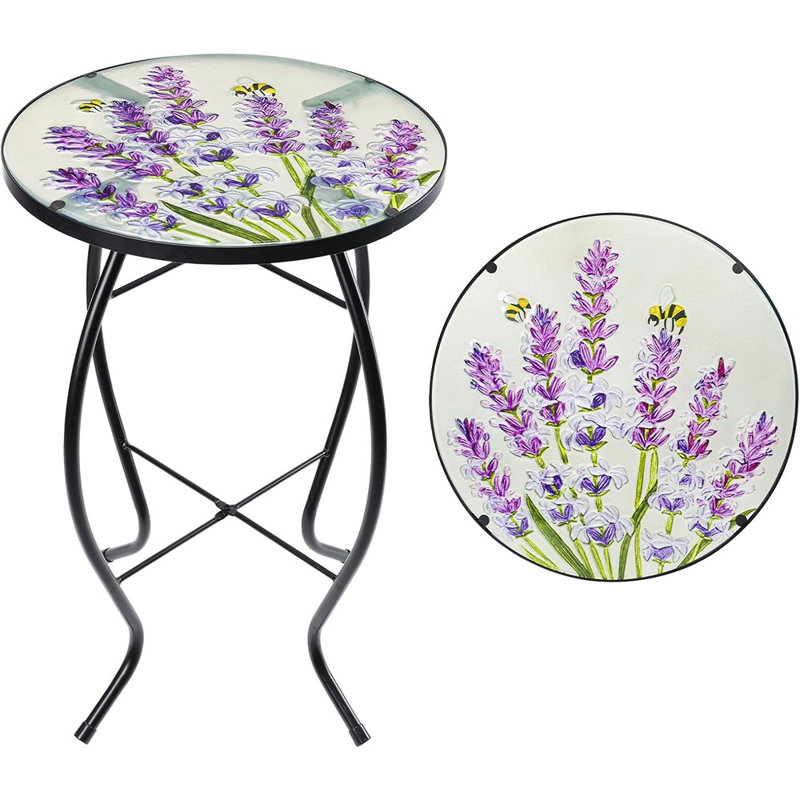 Outdoor End Table For Patio, Small Round Glass Accent Side Table,  Design, Suitable For Garden, Balcony, Porch, And Indoor Home Décor Use (Lavender)