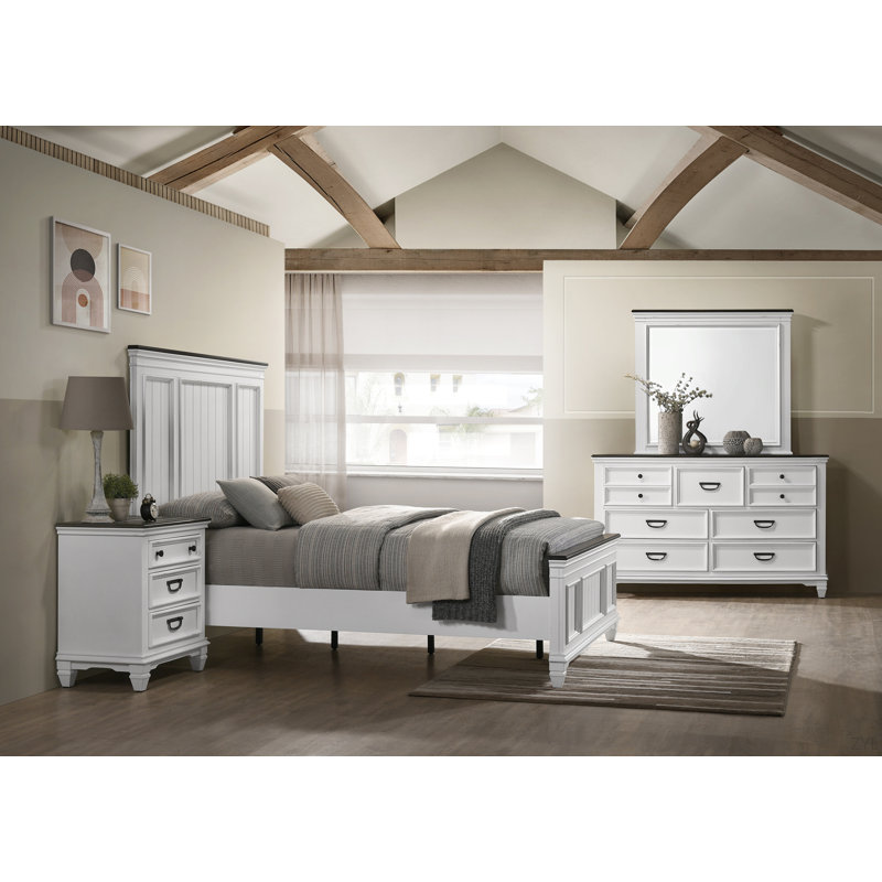 Ensemble de chambre à coucher en bois 5 pièces avec lit à panneau, commode, miroir, commode et commode Clelane