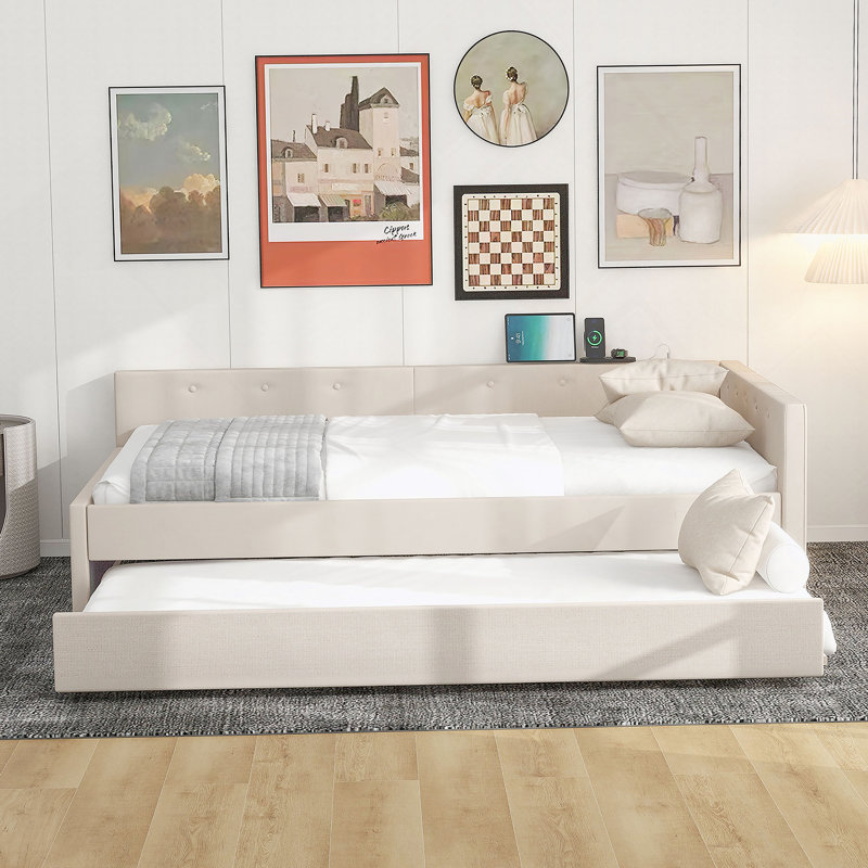 Lit plateforme tapissier avec port USB et lit gigogne simple, Lit simple