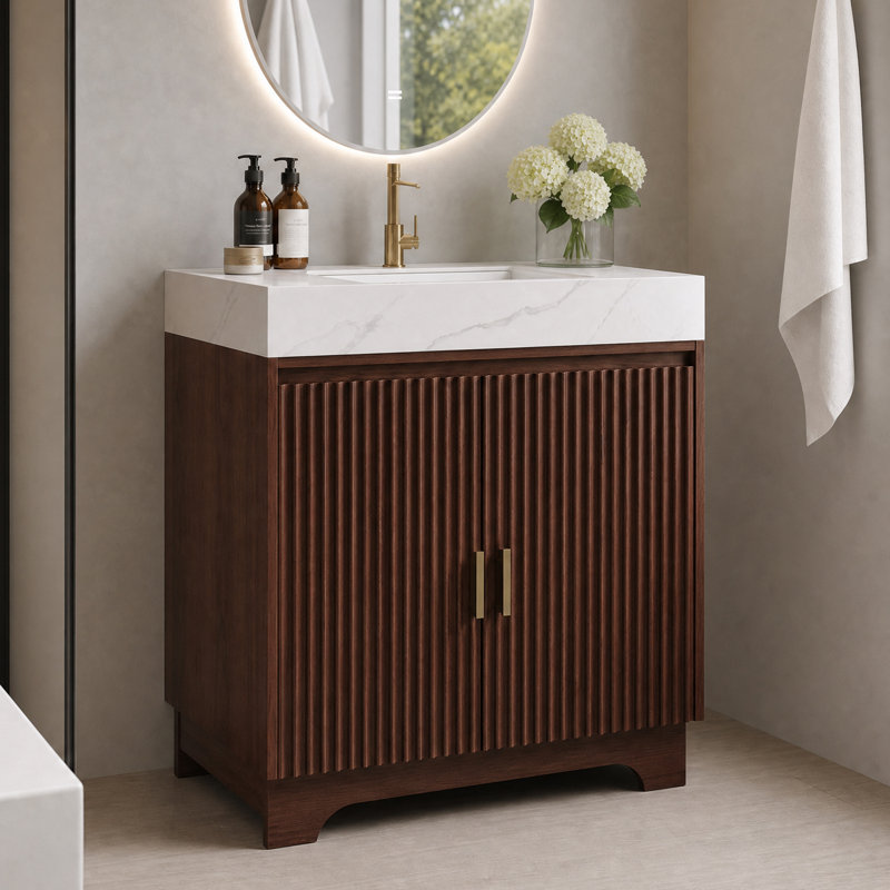 Meuble-lavabo autoportant de 30 po avec plateau en pierre frittée et lavabo en céramique, meuble-lavabo moderne avec portes cannelées verticales et poignées dorées