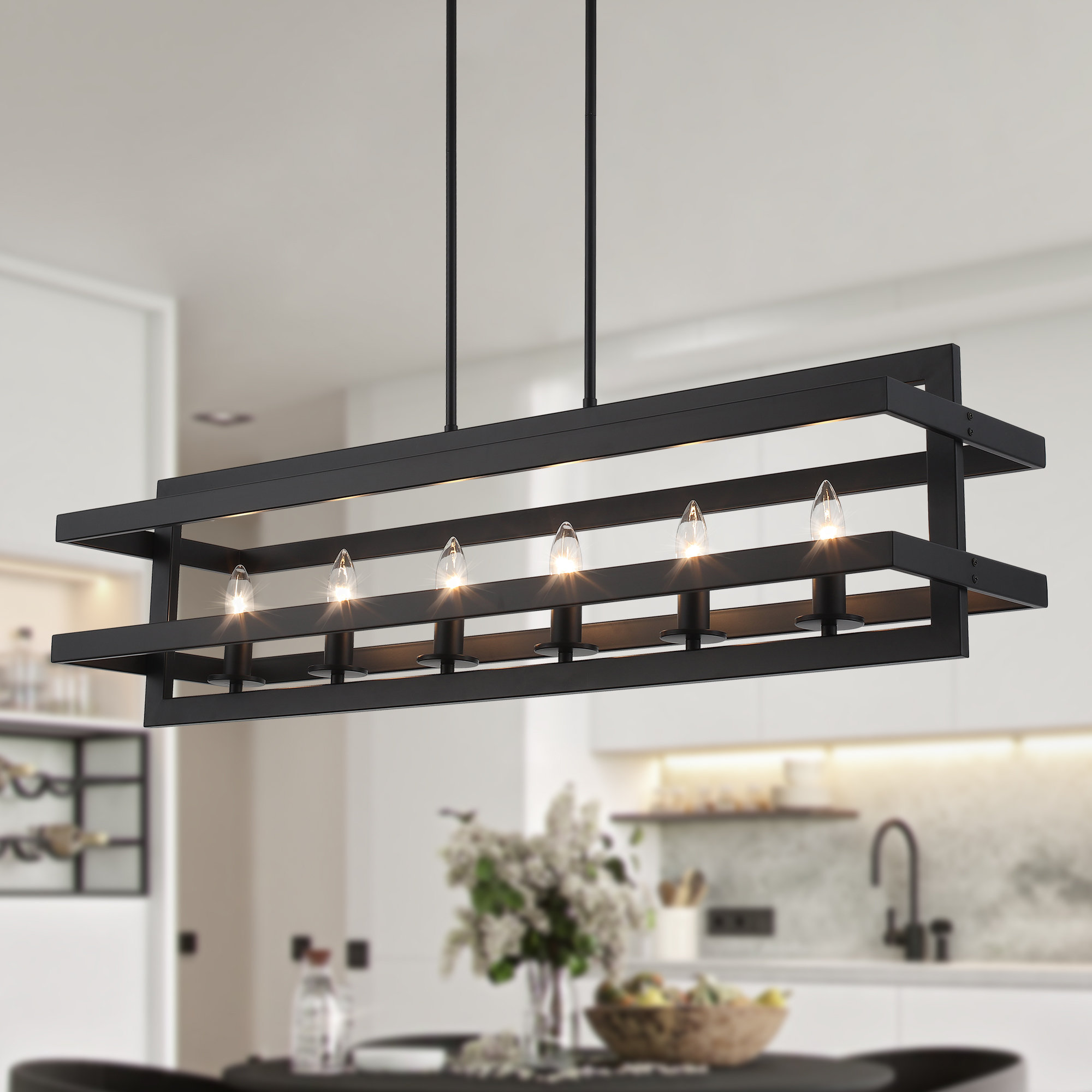 Gracie Oaks Black Chandeliers Rectangle Pendant Lights Kitchen Island Farmhouse Fixture Lights Cage 6 Lights Modern For Dining Room Living Room W111752533 - View #8