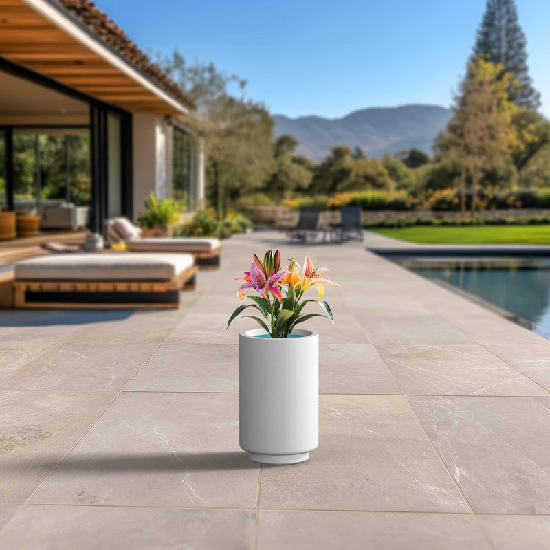 Grand pot / pot rond en béton avec trous de drainage, 15.75" H x 9.84" W x 9.84" D, Blanc vif (intérieur amélioré)