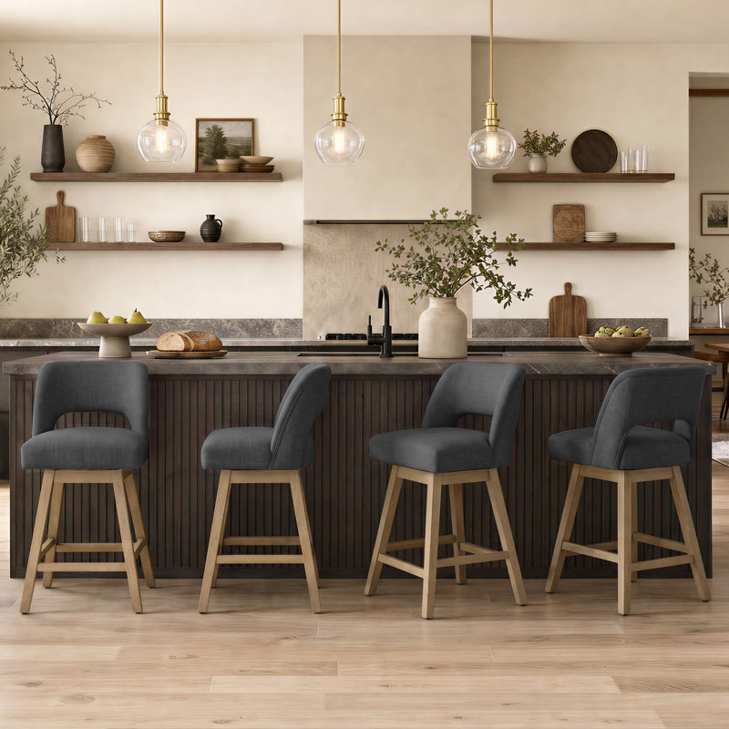 Ensemble de 6 tabourets de bar pivotants de 26 po de hauteur, siège rembourré en polyester sur structure en bois massif, 6
