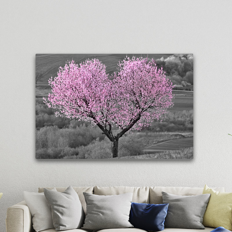 Heart Shaped Cherry Blossom On Black And White - Wrapped Canvas Print, 20.3cm H x 30.5cm W x 2.5cm D