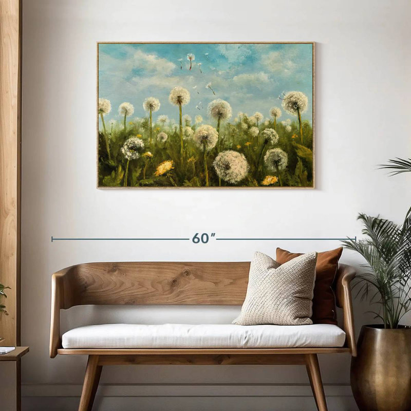 Dancing Dandelions Seeds, Floating Frame Natural Wood, 43" X 29"