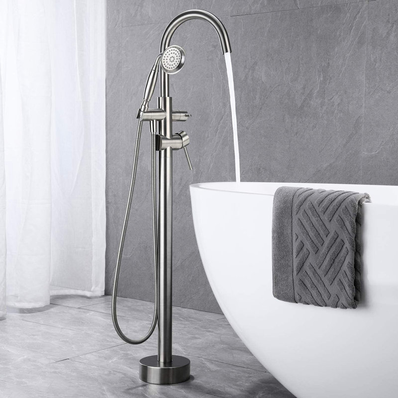 Freestanding Tub Filler In Brushed Nickel - Precise Temperature And Flow Control For A Relaxing Bath Floor Mounted Bathtub With Hand Shower 2.5 Gpm Rate Efficient Cleaning