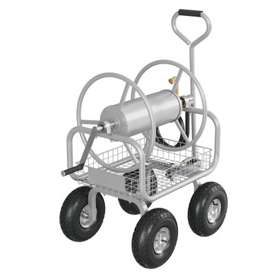 Hose Reel Cart, Hold Up to 300 ft of 5/8" Hoses, Heavy Duty 4-Wheel Metal Water Hoses Storage with Basket for Patio Yard Lawn Farm Landscaping, Silver