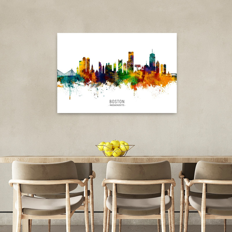 «Boston Watercolor Skyline Abstract Contemporary City Architecture», art mural, H 24 po x l 36 po
