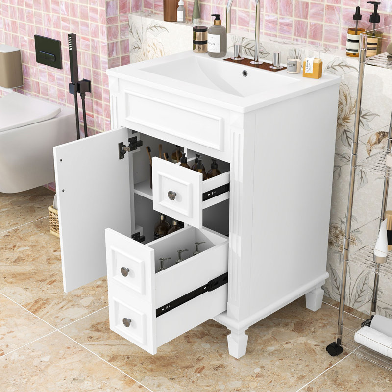 Élégant meuble-lavabo de style français avec lavabo, 2 tiroirs, tablette réglable, Blanc