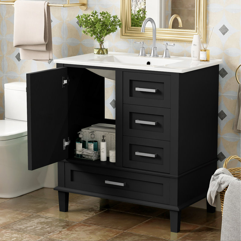 Ensemble de meuble-lavabo moderne avec lavabo 30 po, meuble-lavabo moderne avec porte à fermeture douce et 3 tiroirs, structure en bois massif
