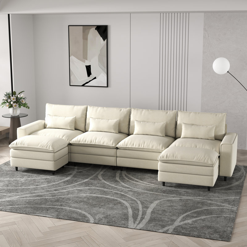 Canapé en chenille 4 places avec 2 repose-pieds et coussins lombaires en chenille - Flexibles, confort familial, Blanc
