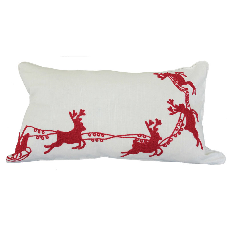 Santa's Sleigh with Bells and Reindeer Crewel Embroidery Holiday & Cotton Lumbar Pillow