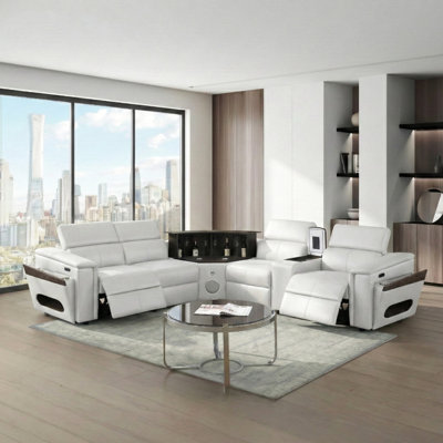 White L-shaped Modern Sectional, 4 Seats, Faux Leather, 2 Power , Adjustable Headrests, Wireless Charging, Ports, Speaker, Led Bar, Storage Compartments, Armrest Storage, Optional Console With Fridge