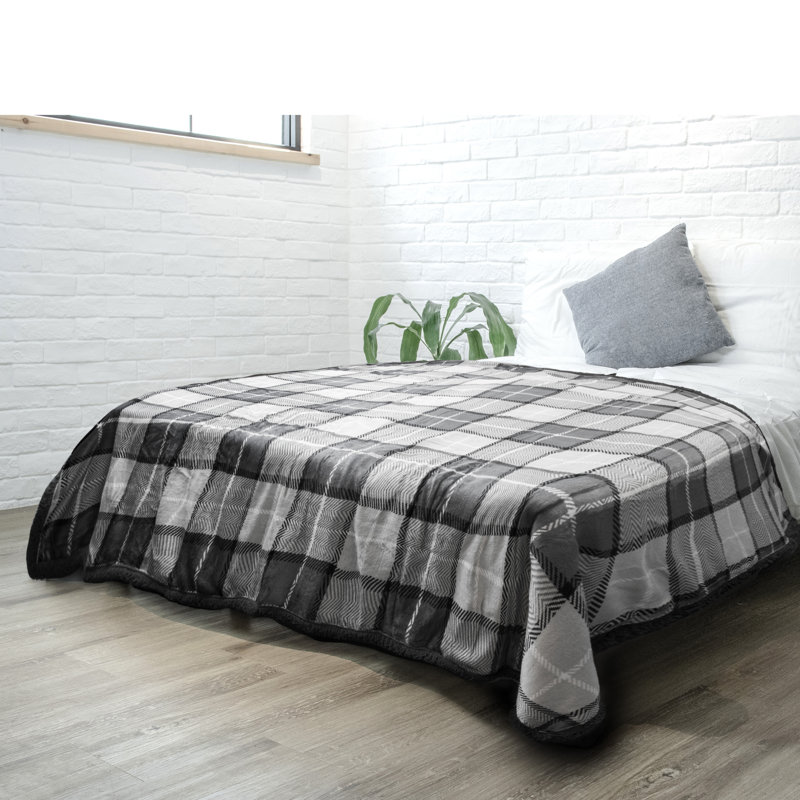 Charcoal Gray Plaid Sherpa Fleece Reversible Throw Blanket, 50" x 60"