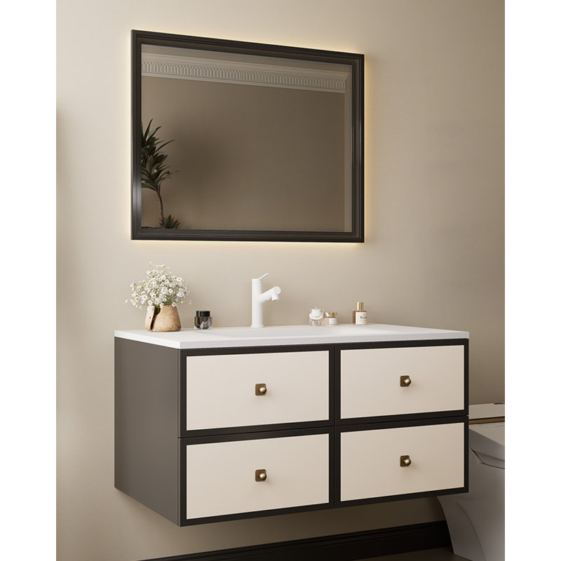 Meuble-lavabo moderne minimaliste en bois d'hévéa avec comptoir Corian