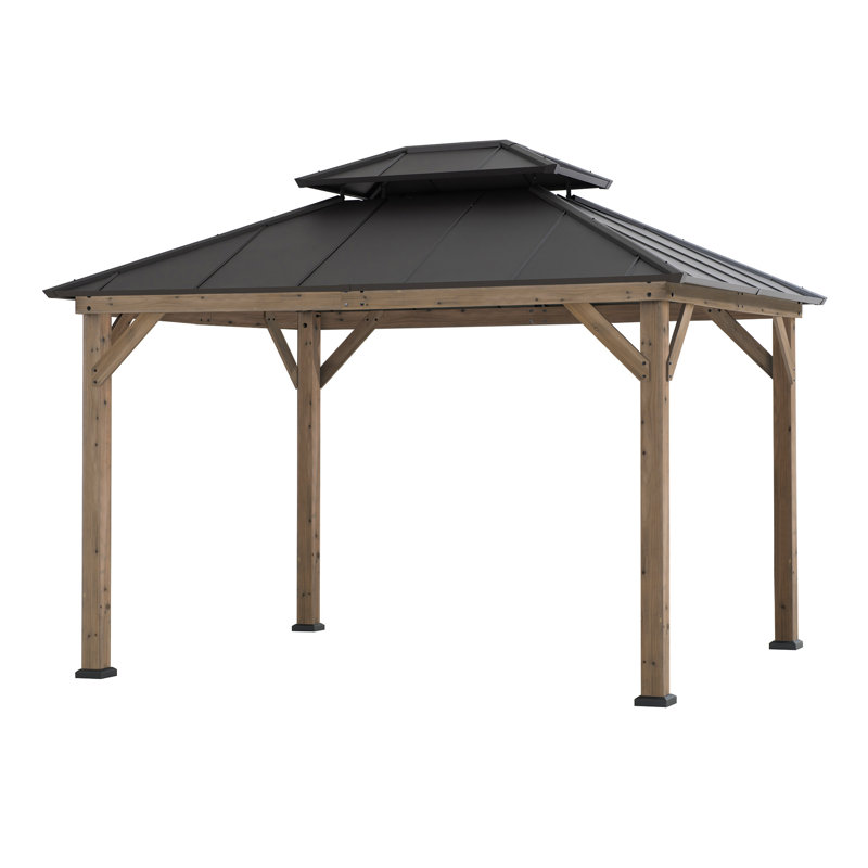 Sunjoy FSC Cedar Wooden Gazebo - 3m x 3.6m, Anthracite with 2-Tier Steel Roof - Outdoor Garden Pavilion for All Seasons