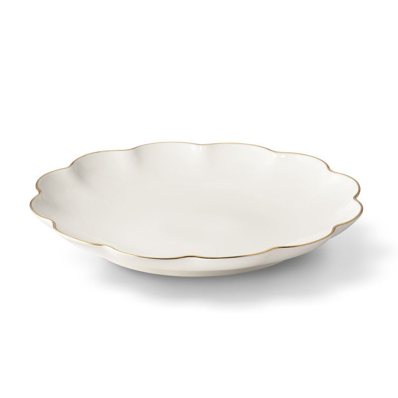 Elegant White Ceramic Serving Bowl Set with Gold Scallop Trim