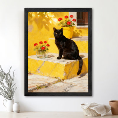 "Black", escalier jaune rétro, chat noir, rose rouge, art mural, impressions de style rétro