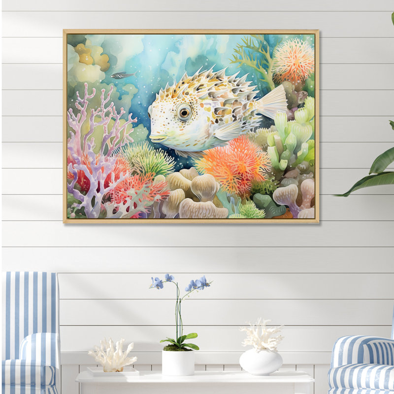" Pufferfish Guardian Of The Coral I ", Natural Floater Framed, 12" H x 20" W x 1" D