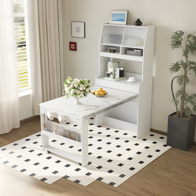 A Foldable Dining Table With A Top Cabinet And A Multi-Functional Sideboard, White