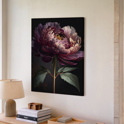 Art mural sur toile Moody pivoine foncé avec pétales de velours et éclairage dramatique prêt à accrocher