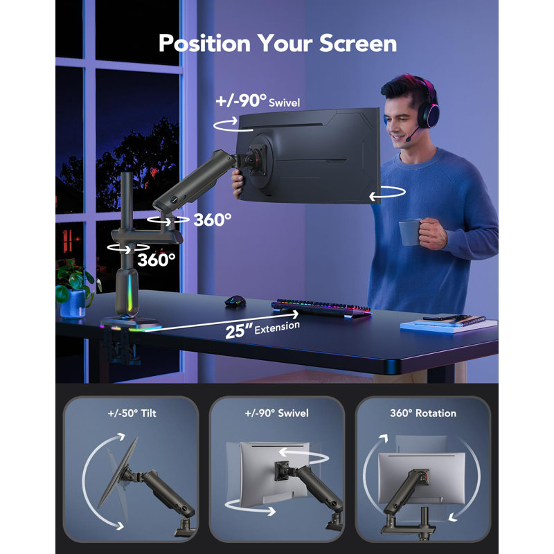 Bras de moniteur RVB robuste, adapté aux moniteurs Ultrawide jusqu'à 57 pouces, avec une capacité de charge de 44 lb. Haut bras de moniteur Ultrawide, hauteur maximale 29,1 pouces. Support de bureau entièrement réglable