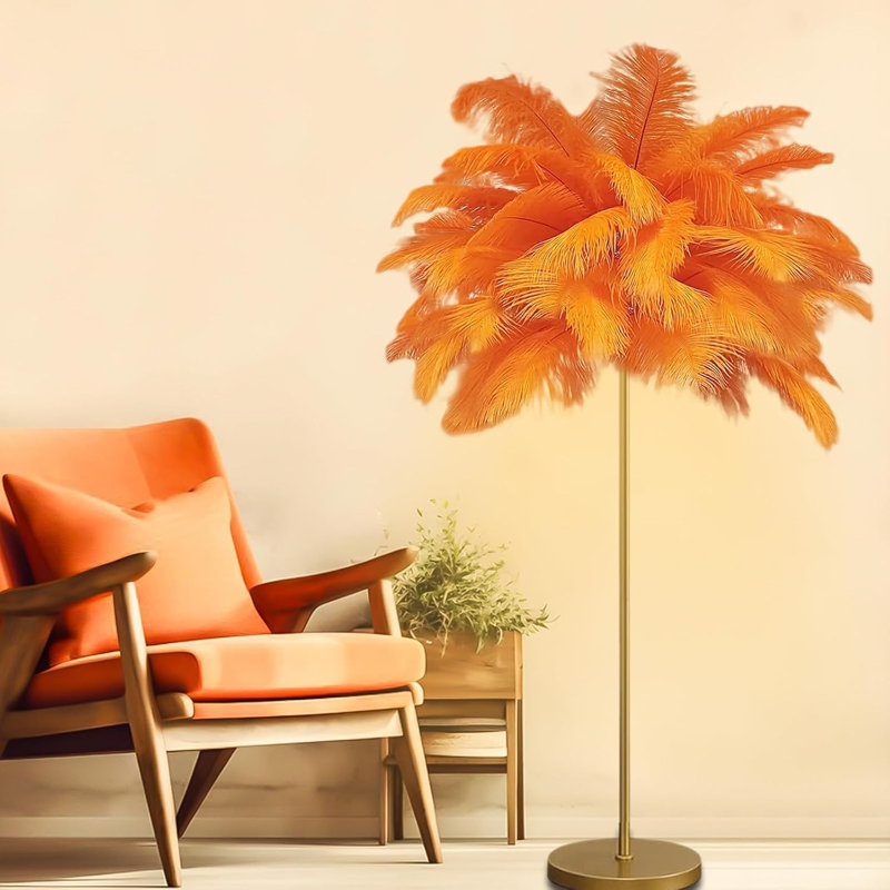 Natural Ostrich Feather Floor Lamp With 3 Color Temperatures, Adjustable LED Lighting, Sturdy Metal Base, Easy To Clean And Install, Perfect For Living Room, Bedroom, And Home Decor