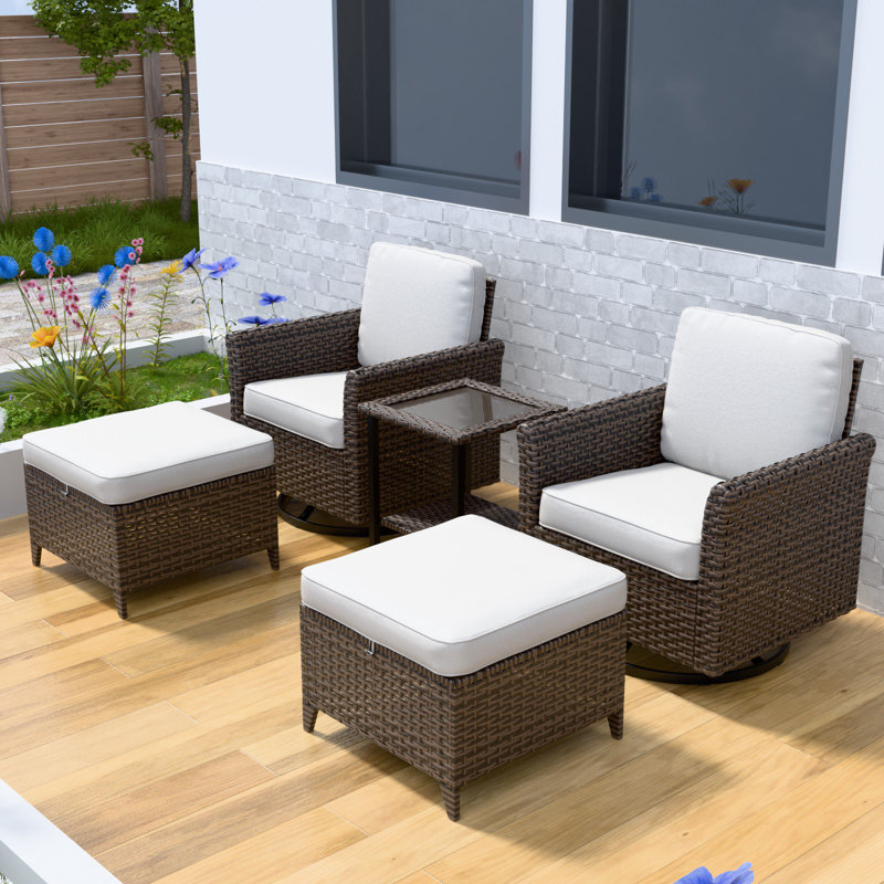 5-Piece Beige Cushioned Brown Wicker Outdoor Conversation Set