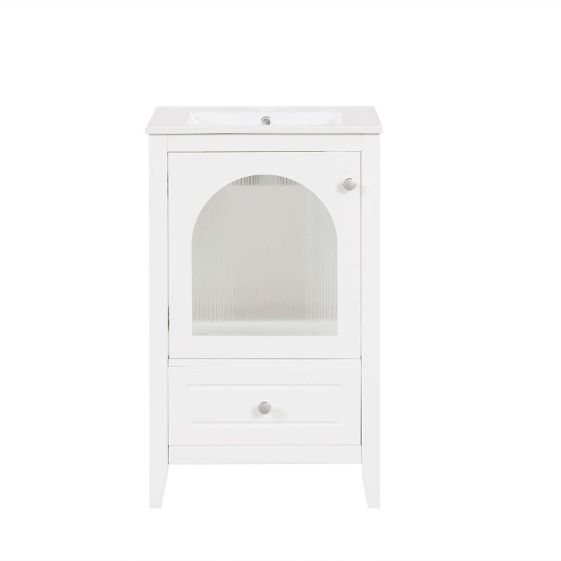 Meuble-lavabo de 20 po avec lavabo, armoire de salle de bain avec porte en verre à fermeture douce, tiroir, Blanc