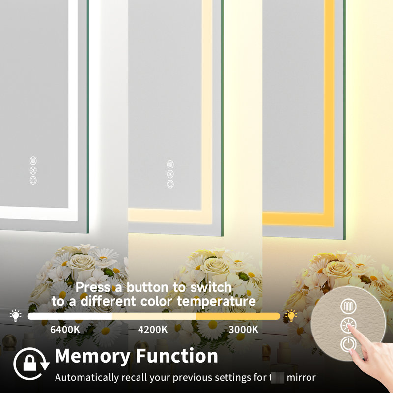 Miroir, éclairage à double DEL, 3 réglages de couleur, gradation continue, fonction de brouillard, pilote UL 12V, installation horizontale ou verticale, trousse d'installation avec miroir trempé de 28 po x 36 po, réglable à l'avant et à l'arrière