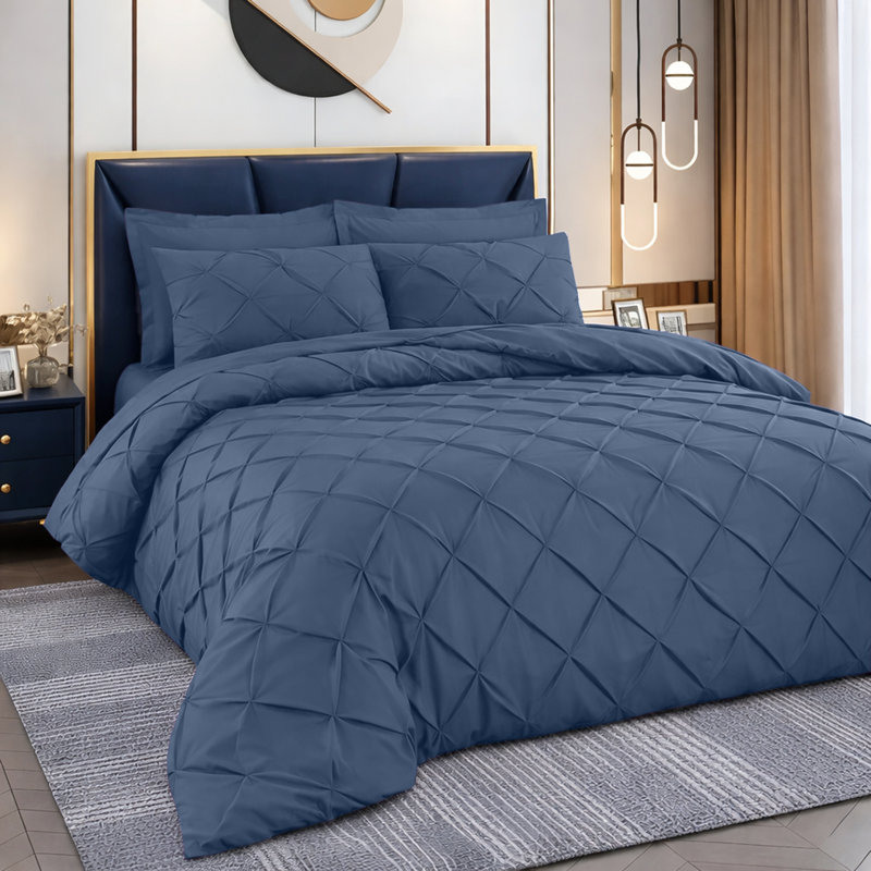 Luxurious Microfiber Pintuck Duvet Cover Set – Soft, Breathable & Wrinkle-Resistant Bedding for All-Season Comfort, Navy