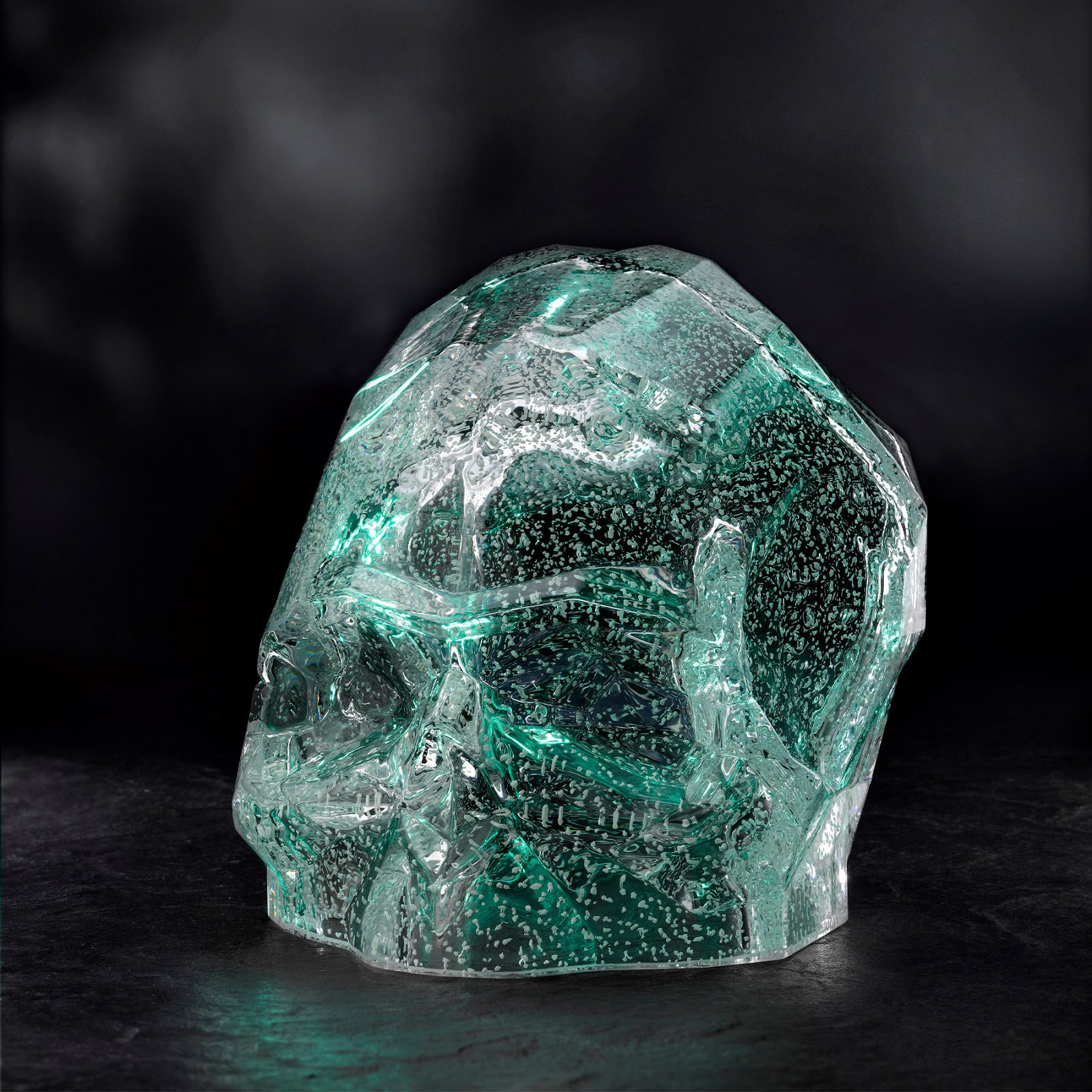 Memento Mori Faceted Skull, Luminous Green, 3.27" H x 4.13" W x 3.15" D