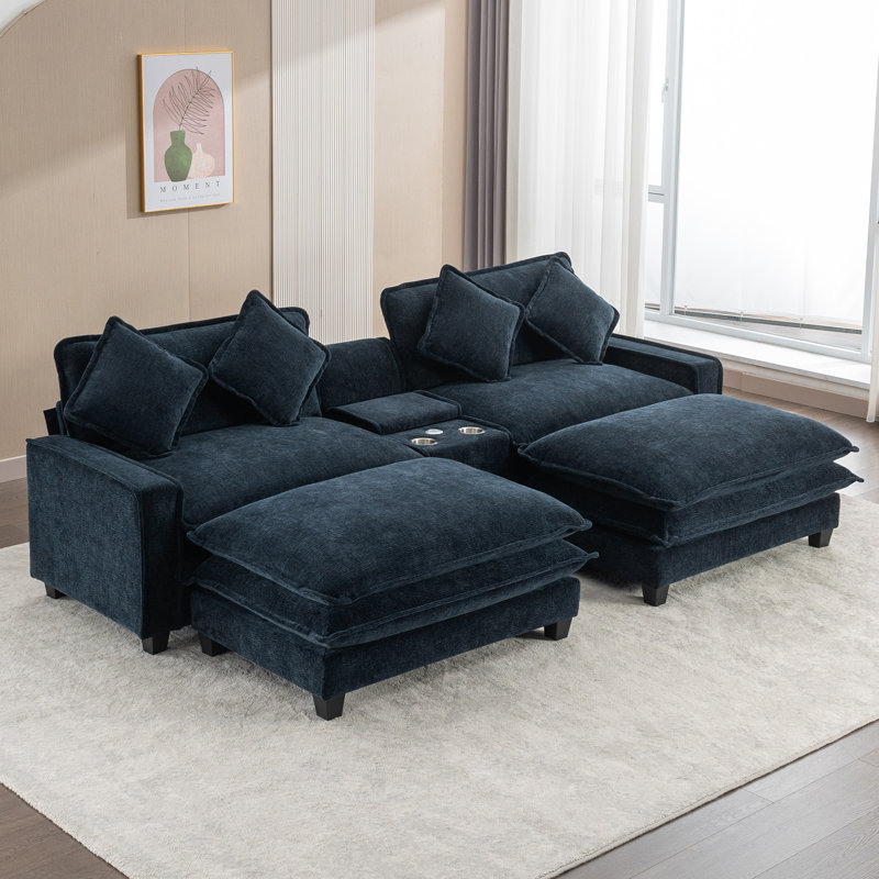 Canapé modulaire en chenille de 111 po (bleu): avec 2 repose-pieds amovibles, ports USB, porte-gobelets et boîte de rangement pour le salon