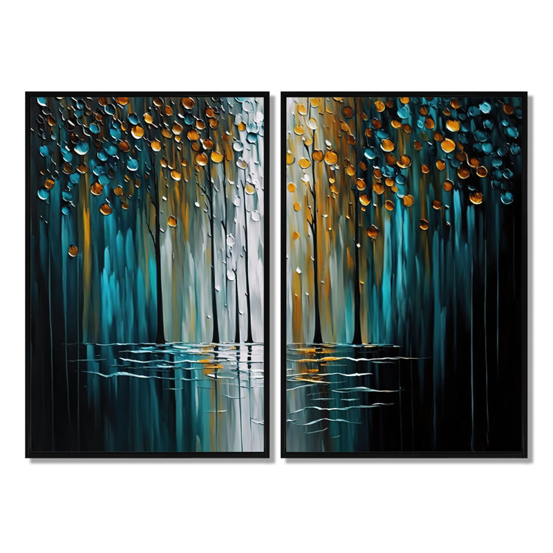 Abstrait, nature, arbres, peinture I - art mural moderne bleu, Black, 36" H x 48" W, Impression encadrée flottante