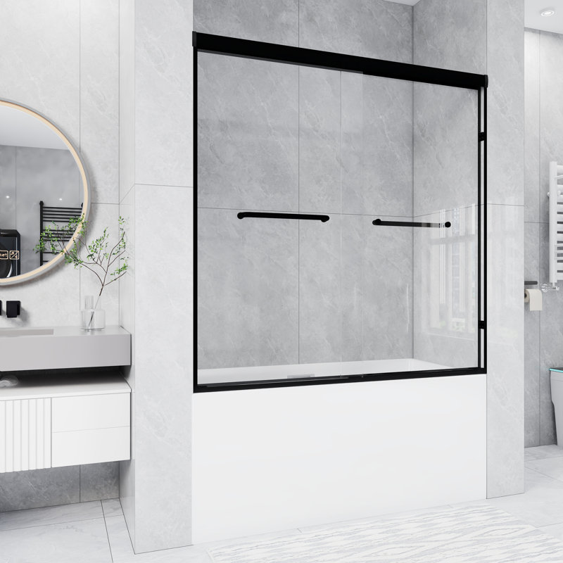 56-60 .In W X 60 .In H Double Sliding Shower Door With 1/4 Inch Thick Tempered Glass  In Matte Black  | Aluminum Frame | Stainless Steel Handle | Explosion Proof Film