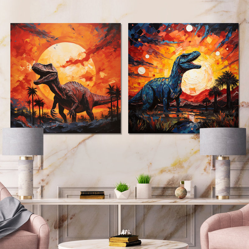 Rouge et jaune, dinosaure coucher de soleil I - ensemble de 2 reproductions d'art sur toile, Toile tendue