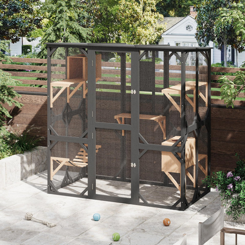 Enclos extérieur extra large de 178 cm avec fenêtre d'accès, comprenant 4 plateformes, 2 niches pour plusieurs chats et compatible avec le tunnel pour chat noir.