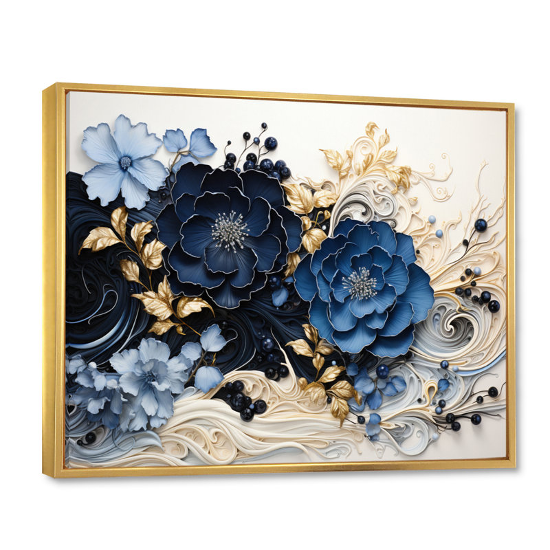 Encre bleue bleue WildFloers, encre liquide I - fleurs modernes, H 30 po x l 40 po, Reproduction avec cadre flottant, Doré