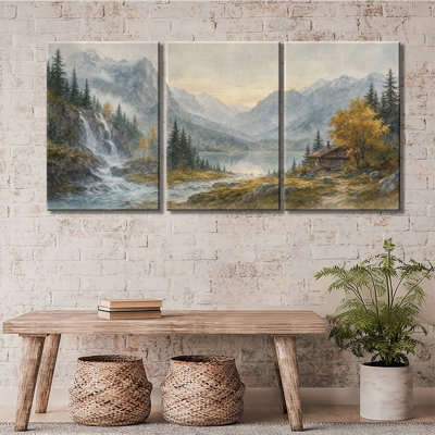 Montagne, montagne, chute d'eau, pin, cabane, automne doré, vallée brumeuse, aquarelle, paysage naturel